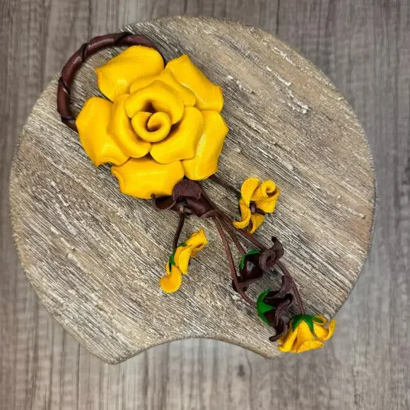 Leather Yellow Rose Purse Charm Genuine Leather Flower Bag Charm NEW FAST SHIP - Picture 6 of 8